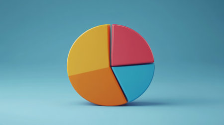 A vibrant pie chart featuring four segments in bright colors, set against a soft blue backdrop, ideal for data visualization and business presentations.の素材
