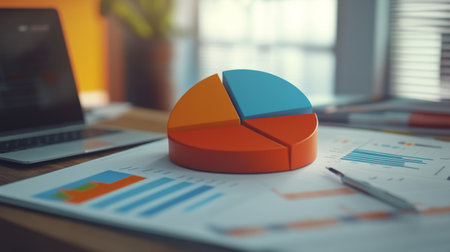 A vibrant pie chart sits on a desk surrounded by reports and a laptop. This image represents data analysis and productivity in a modern office environment.の素材