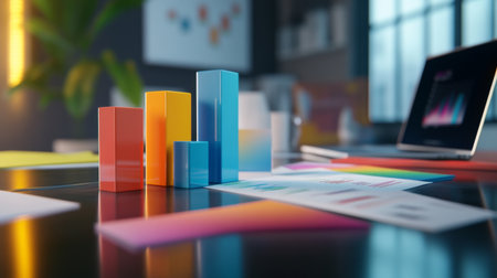 Colorful bar graphs on a modern office desk showcase data analysis tools. Perfect for business presentations, highlighting growth and creative insights.の素材