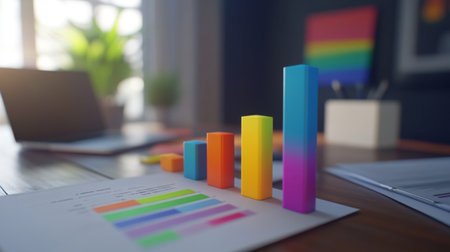 Bright and colorful bar graphs on a desk illustrate data analysis, surrounded by documents and a laptop, creating an inspiring workspace.の素材