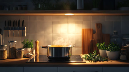 A warm and inviting kitchen scene featuring a steaming pot on the stovetop, surrounded by fresh herbs and spices, creating a cozy cooking atmosphere.の素材