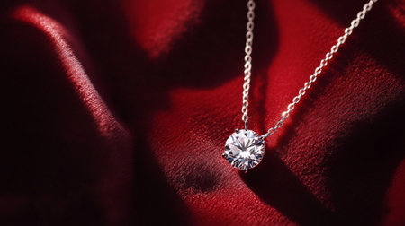 Capture the beauty of elegance with this stunning diamond pendant on rich red fabric. Perfect for showcasing luxury and sophistication in jewelry photography.の素材