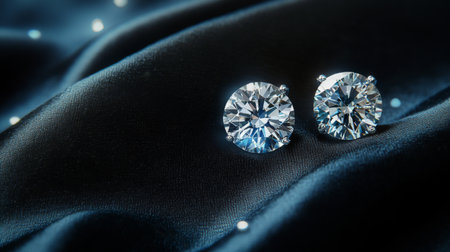 Two stunning diamond studs showcase their brilliance on a luxurious fabric background, highlighting elegance and sophistication perfect for any occasion.の素材