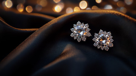 This stunning image features elegant diamond stud earrings resting on a smooth satin surface, exuding luxury and sophistication, perfect for jewelry promotion.の素材