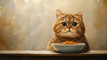 A charming cat with big eyes sits in front of a bowl of food, exuding a delightful personality. This close-up shot captures the curiosity and warmth of a beloved pet.の素材