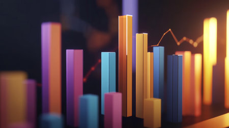 Vibrant colored bar graphs representing data and analytics, illustrating business trends and growth. Perfect for financial reports and presentations.の素材