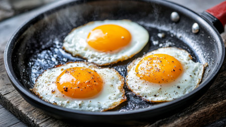 A close-up view of three perfectly fried eggs in a pan, showcasing vibrant yolks and a delicious golden-brown edge, ideal for breakfast and culinary inspiration.の素材