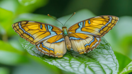 A stunning butterfly rests gracefully on a green leaf, showcasing its vibrant colors and intricate wing patterns. Ideal for nature and wildlife themes.の素材
