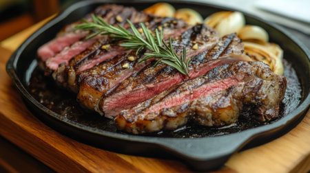 A beautifully grilled steak served on a cast-iron skillet, garnished with fresh rosemary and onions, showcasing the perfect blend of taste and presentation.の素材