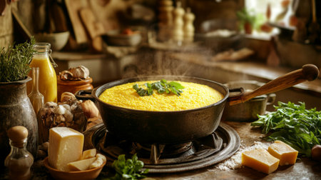 A vibrant yellow dish steaming in a rustic kitchen, showcasing culinary art. Fresh herbs and ingredients enhance the comforting atmosphere of home cooking.の素材