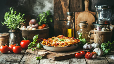 A mouthwatering lasagna surrounded by fresh ingredients highlights the beauty of rustic cooking. Perfect for culinary enthusiasts and food lovers alike.の素材