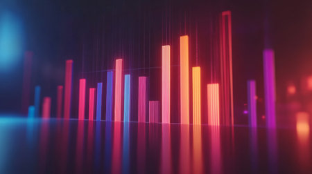 A vibrant visualization of colorful bar graphs representing data trends and insights, ideal for showcasing statistics in a modern business or technology context.の素材