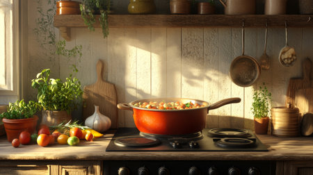 A warm, inviting kitchen scene featuring a pot of colorful ingredients on the stove. Sunlight filters in, highlighting fresh vegetables and herbs, perfect for meal preparation.の素材