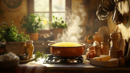 A cozy kitchen scene featuring a steaming pot on the stove surrounded by fresh herbs and kitchen utensils, evoking a warm and inviting atmosphere perfect for cooking.の素材