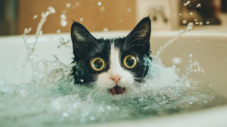 A surprised cat emerges from a bubbly bath, capturing a playful moment full of fun and emotion. The image showcases the wonder of pets enjoying water.の素材