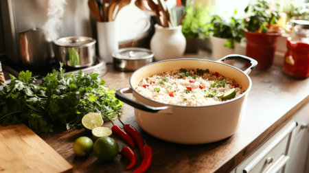 A vibrant kitchen scene featuring fresh ingredients like cilantro, limes, and chilies, alongside a hearty pot of steaming food, evokes a cozy culinary atmosphere.の素材