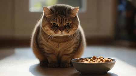 A cute domestic cat sits patiently in soft lighting, waiting for its meal. The furry companion exhibits a curious expression next to its bowl of food.の素材