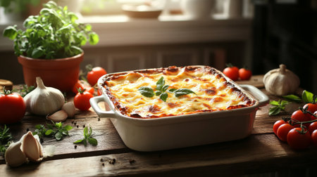 A hearty and delicious homemade lasagna served on a rustic wooden table, featuring fresh ingredients like tomatoes and garlic, perfect for comfort food lovers.の素材