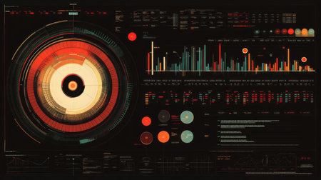 Vibrant data visualization featuring dynamic graphs and charts. This modern design offers a comprehensive representation of metrics and insights for analytical purposes.の素材