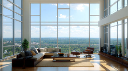 Bright and airy modern living room featuring large glass windows, offering a stunning panoramic view of the city. Stylish furniture and warm colors create a welcoming atmosphere.の素材