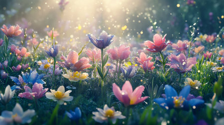 A stunning display of vibrant flowers in a serene garden, glistening with dew in soft sunlight. Perfect for nature, spring, or floral themes.の素材