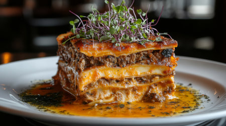 A hearty serving of layered lasagna showcases rich meat and cheese with fresh herbs, creating a delicious and comforting dish, perfect for any meal.の素材
