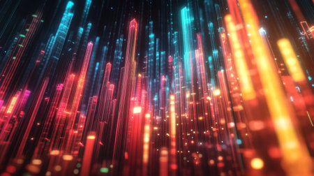 A vibrant display of colorful abstract light patterns showcasing dynamic digital effects and shimmering illumination, perfect for creative projects.の素材