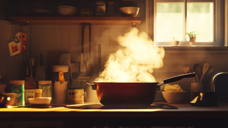 A warm kitchen scene featuring a steaming pot on the stove, surrounded by cooking ingredients. Sunlight enhances the cozy atmosphere of home cooking.の素材