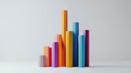 A vibrant bar graph composed of colorful vertical shapes against a minimalistic background. Ideal for concepts related to statistics, data visualization, and modern design.の素材