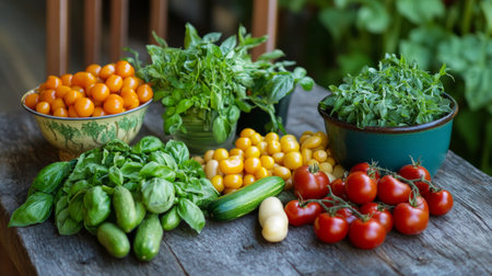 A vibrant assortment of fresh vegetables and herbs, showcasing ripe tomatoes, cucumbers, and bright yellow produce, perfect for healthy cooking and recipes.の素材