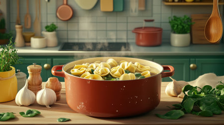 A vibrant kitchen scene showcasing a pot of steaming pasta with fresh ingredients, perfect for illustrating the joy of home cooking and culinary creativity.の素材
