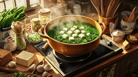 A vibrant green soup simmering in a cozy kitchen pot, filled with fresh herbs and tofu. Perfect for showcasing healthy cooking and culinary warmth.の素材