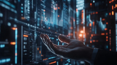 A hand reaching towards a digital interface filled with data visualizations. This image portrays the connection between technology and human interaction in a modern workspace environment.の素材