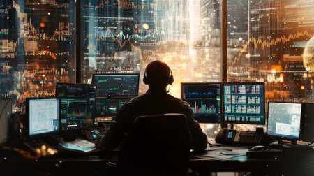 A focused data analyst in a modern office analyzing financial data with multiple screens, showcasing graphs and charts against a vibrant city backdrop.の素材