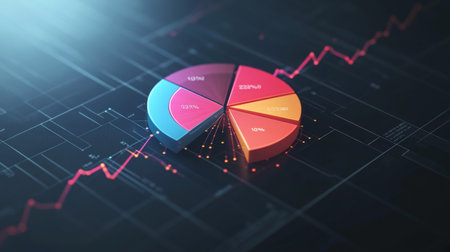 Dynamic and colorful pie chart illustrating financial data, enhanced with a background of digital lines and graphs, perfect for business presentations.の素材