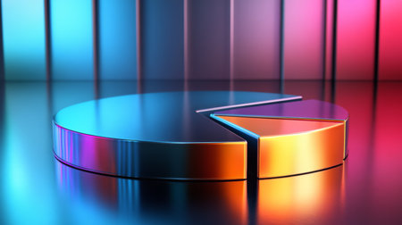 A vibrant pie chart displayed on a glossy surface, featuring colorful lights for a sleek and modern look ideal for data visualization and business presentations.の素材