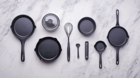 A stylish arrangement of black cookware and utensils on a marble surface, showcasing modern kitchen essentials for culinary enthusiasts and professionals.の素材