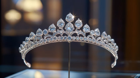 Stunning diamond tiara displayed in a beautifully lit showcase, perfect for showcasing luxury, elegance, and intricate craftsmanship at formal events.の素材