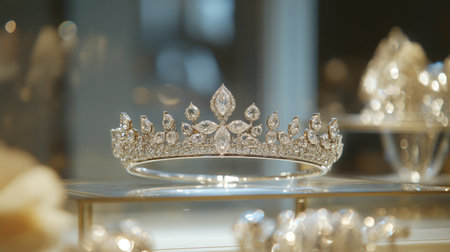 A stunning silver tiara adorned with sparkling diamonds is showcased elegantly, symbolizing luxury and beauty, perfect for weddings or royal events.の素材