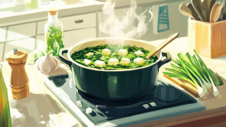 A vibrant scene of cooking fresh vegetable soup. Steaming pot filled with greens showcases a cozy kitchen with fresh ingredients ready for a healthy meal.の素材