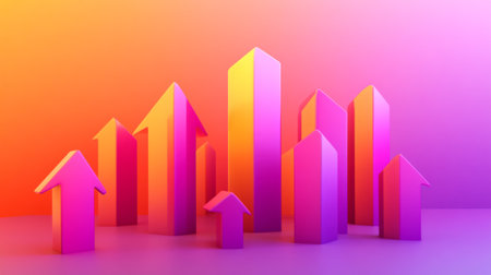 Vibrant 3D arrows representing growth and success against a colorful gradient background. Ideal for concepts related to finance and business development.の素材