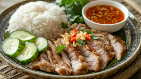 This vibrant plate features succulent duck served with fragrant rice, fresh cucumber, and a zesty dipping sauce, perfect for an Asian-inspired meal.の素材