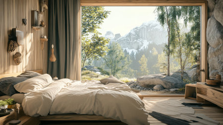 A cozy bedroom featuring a large window that opens to a breathtaking mountain view. Soft bedding and natural decor create a tranquil atmosphere perfect for relaxation.の素材