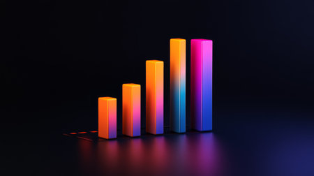 A vibrant bar graph representing growth and statistics, designed with colorful gradients on a dark background. Ideal for business and technology themes.の素材