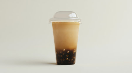 A refreshing bubble tea drink in a clear cup with tapioca pearls. This image captures a delicious and trendy beverage perfect for summer enjoyment.の素材
