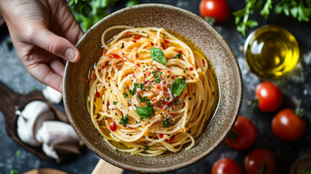A delicious bowl of spaghetti topped with fresh herbs and cherry tomatoes, capturing the essence of Italian cuisine. Perfect for meal preparation and presentation.の素材