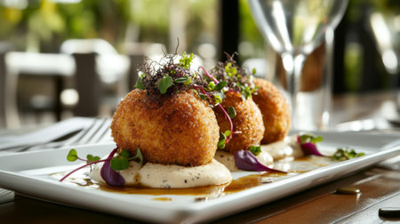 A beautifully plated crispy appetizer featuring three round croquettes on a creamy sauce, garnished with fresh herbs and vibrant colors, perfect for gourmet settings.の素材