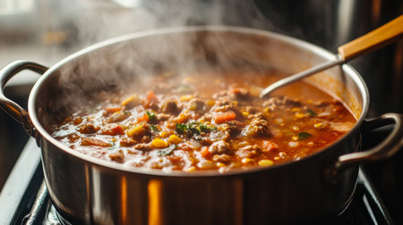 A steaming pot of hearty stew simmering on the stove, filled with colorful vegetables and savory meat. Perfect for a cozy meal at home.の素材