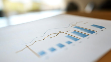A close-up view of a business report featuring graphs and charts. This image illustrates data analysis, emphasizing growth trends and performance metrics for effective planning.の素材
