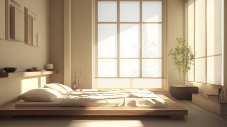 A modern minimalist bedroom featuring a soft bed and large windows that invite warm natural light. Perfect for creating a peaceful and tranquil atmosphere.の素材